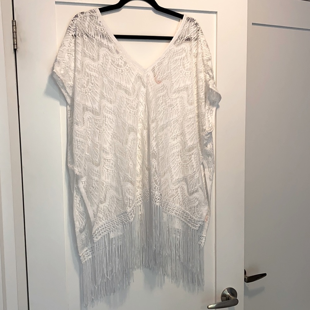 White crochet / lace cover-up with fringe